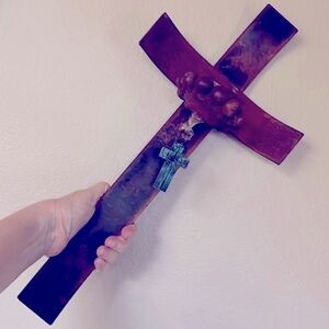 Heavy Mexican Art Metal Cross, Blue Metal Cross Candle Holder.